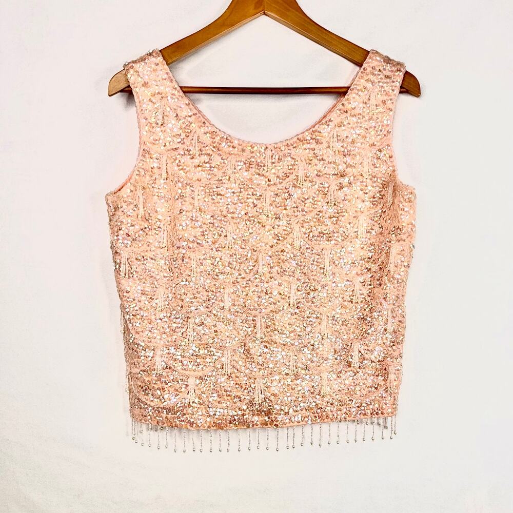 Vintage Macy's Pink Fully Beaded & Sequined Tank Top S
